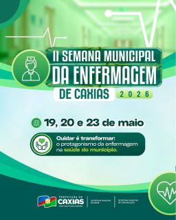 💚 A enfermagem transforma vidas todos os dias com cuidado, dedicação e compromisso com a saúde da nossa população.A II Semana Municipal da Enfermagem será um momento de valorização, aprendizado e reconhecimento aos profissionais que fazem a diferença no atendimento humanizado do nosso município.Com o tema: Cuidar é transformar: o protagonismo da enfermagem na saúde do município. Confira a programação completa e participe! 🤝#SemanaMunicipalDaEnfermagem #SaúdeCaxias #PrefeituraDeCaxias