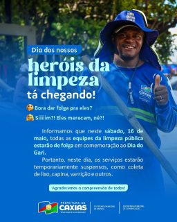 🧹💙 Neste sábado, 16 de maio, nossos profissionais da limpeza pública terão um descanso mais que merecido em homenagem ao Dia do Gari.Agradecemos a compreensão da todos e celebramos quem cuida diariamente da limpeza e bem-estar da nossa cidade. 👏💙💚#DiaDoGari #LimpezaPública PrefeituraDeCaxias