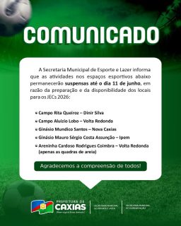 🏆⚽🏐 As atividades nos espaços esportivos mencionados estarão suspensas até o dia 11 de junho, em razão da preparação e disponibilidade dos locais para os JECS 2026.

Contamos com a compreensão de todos. 🤝

#EsporteCaxias #JECS2026 #PrefeituraDeCaxias