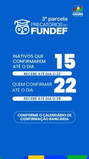 No dia 8 de maio foi realizado o pagamento da 3ª parcela dos precatórios para aposentados e servidores ativos.📅 Calendário para inativos:
• Quem confirmou os dados bancários até 8 de maio recebe até 15 de maio.
• Quem confirmar até 15 de maio recebe até 22 de maio.
• Quem confirmar até 22 de maio recebe até 29 de maio.Herdeiros com direito aos precatórios recebem mediante apresentação do alvará judicial atualizado, com pagamento em até 10 dias úteis.Respeito, compromisso e valorização com quem contribuiu para o desenvolvimento da nossa cidade! 🤝#Precatórios
#CompromissoComOServidor
#PrefeituraDeCaxias