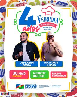 🎉🍴 A Feirinha Gastronômica celebra 4 anos de sabores, cultura e muita alegria! 💃🏽

Prepare-se para uma noite especial com muita comida boa, música e aquele clima que todo mundo ama. E para animar ainda mais a festa, teremos shows de Jefferson Costa e Bola Doce Ilusão, garantindo muita música e diversão! 🎤🔥

Vem celebrar, aproveitar e viver uma noite cheia de cultura, sabor e diversão com a gente! 💙

#4AnosFeirinhaGastronômica #Cultura #Gastronomia #PrefeituraDeCaxias
