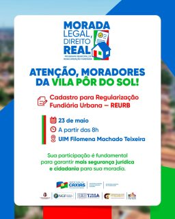 🏡✨ Mais um passo importante para garantir segurança jurídica e cidadania aos moradores da Vila Pôr do Sol!O cadastro para Regularização Fundiária Urbana (REURB) será realizado no dia 23 de maio, a partir das 8h, na UIM Filomena Machado Teixeira.A iniciativa fortalece o direito à moradia e contribui para mais dignidade e tranquilidade às famílias da comunidade. 🤝💙#MoradaLegalDireitoReal #RegularizaçãoFundiária #VilaPôrDoSol #PrefeituraDeCaxias