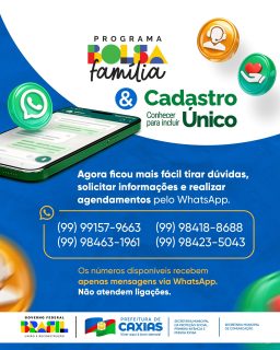 📲✨ Agora ficou ainda mais fácil acessar os serviços do Bolsa Família e Cadastro Único!

Atendimento disponível via WhatsApp para esclarecimento de dúvidas, informações e realização de agendamentos. ✅

⚠️ O atendimento é realizado exclusivamente por mensagens via WhatsApp. Não atendemos ligações.

#BolsaFamília #CadastroÚnico #ProteçãoSocial #PrefeituraDeCaxias