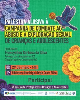 A campanha de combate ao abuso e à exploração sexual de crianças e adolescentes ganha mais um importante momento de conscientização com uma palestra voltada à informação, prevenção e fortalecimento da rede de proteção. 🧡

O encontro contará com a participação da psicóloga Francyellen Barbosa da Silva, trazendo reflexões e orientações sobre o tema.

Proteger nossas crianças e adolescentes é responsabilidade de todos. Faça Bonito! 🌼🧡

#MaioLaranja #FaçaBonito #ProtejaNossasCriançasEAdolescentes #PrefeituraDeCaxias