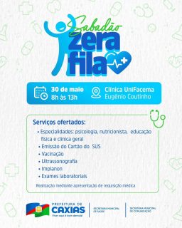 🚑🩺 O Sabadão Zera Fila chega para ampliar o acesso aos serviços de saúde, oferecendo atendimentos e procedimentos importantes de forma gratuita e organizada para toda a população. 💙

Leve sua requisição médica e aproveite todos os serviços ofertados. ✅

#SabadãoZeraFila #SaúdeCaxias #PrefeituraDeCaxias