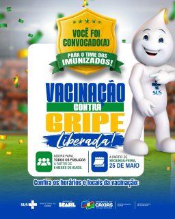 🏆💉 Você foi convocado(a) para o time dos imunizados!

A vacinação contra a gripe está liberada para todos os públicos a partir dos 6 meses de idade. Entre em campo pela sua saúde e garanta sua dose contra a influenza. ⚽✅

A vacinação acontece nas UBSs da zona urbana e rural, além de pontos com horários estendidos para atender toda a população. Quem se vacina joga junto pela proteção de todos!💙

#Vacinação #TimeDosImunizados #SaúdeCaxias #PrefeituraDeCaxias