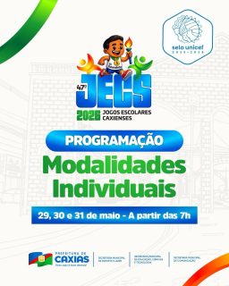 🏆✨ O talento dos nossos atletas vai brilhar nas modalidades individuais do JECS 2026!

Com a programação definida, agora é hora de organizar a torcida para vibrar, apoiar e incentivar. 💪🏻📣

Confira o dia, a categoria e local de cada competição e venha fazer parte do JECS. 💙💚

#JECS2026 #EsporteEscolar #PrefeituraDeCaxias