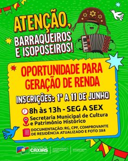 🌽🎶 Alô, barraqueiros e isoposeiros! Chegou a chance de garantir uma renda extra no clima mais arretado do ano! 

As inscrições iniciam dia 1º e seguem até 11 de junho, então separa a documentação e se prepara para garantir sua vaga!

Não deixe para última hora! 😉🪗🌵

#BarraqueirosEIsoposeiros #GeraçãoDeRenda #SãoJoão2026 #PrefeituraDeCaxias