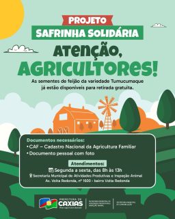 🌱🚜 Agricultores familiares, é hora de preparar o plantio!

Já está disponível a entrega gratuita de sementes de feijão Tumucumaque. Para receber, basta apresentar o Cadastro Nacional da Agricultura Familiar (CAF) e um documento oficial com foto.

Mais incentivo à produção rural, fortalecendo a agricultura familiar e gerando oportunidades no campo. 🌾💚

#AgriculturaFamiliar #ProduçãoRural #AtividadesProdutivas #PrefeituraDeCaxias