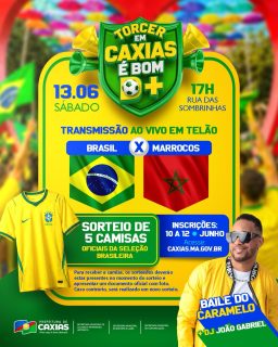 ⚽🇧🇷 Sábado é dia de torcer pela nossa Seleção!

Com transmissão ao vivo de Brasil e Marrocos em telão, e ainda o sorteio de 5 camisas oficiais da Seleção Brasileira na Rua das Sombrinhas no Mirante da Balaiada! 👕🇧🇷

Chama a família, reúne os amigos e se prepare para viver a festa do futebol com a gente. E pra fechar a noite com chave de ouro, tem Baile do Caramelo! 🎶💃🕺

🔗 Link disponível na bio. 

#TorcerEmCaxiasÉBomDemais #JogãoDaSeleção #ViverAquiÉBomDemais #PrefeituraDeCaxias