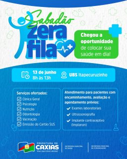 🩺✨ O Sabadão Zera Fila está chegando à UBS Itapecuruzinho com vários serviços para você aproveitar ainda mais perto de casa.

Prevenção, acompanhamento e ainda mais saúde para toda a comunidade.

Aproveite essa oportunidade para dar atenção ao que realmente importa, o seu bem-estar. 💙

#SabadãoZeraFila #SaúdeCaxias #PrefeituraDeCaxias #ViverAquiÉBomDemais