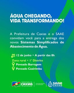 💧✨ Água chegando, qualidade de vida transformando!

A Prefeitura de Caxias e o SAAE Caxias seguem investindo em infraestrutura para garantir mais acesso à água e promover saúde, desenvolvimento e dignidade às comunidades da zona rural.

Entrega dos novos Sistemas Simplificados de Abastecimento de Água nos Povoados Barragem e Caxirimbu. Você é nosso(a) convidado(a) para esse momento especial! 🚰💙

#AbastecimentoDeÁgua #SAAECaxias #ZonaRural #PrefeituraDeCaxias