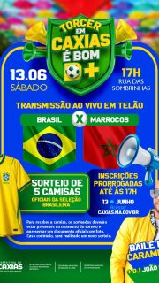 🇧🇷💚💛 É hoje! Às 17h, a Rua das Sombrinhas vira o ponto de encontro da torcida caxiense para acompanhar o jogo Brasil x Marrocos em telão! ⚽🔥E tem mais, sorteio de camisas oficiais da Seleção Brasileira, e as inscrições seguem até às 17h.Chame os amigos, vista a camisa e venha torcer e vibrar com a gente. Porque torcer em Caxias é bom demais! 🎉#TorcerEmCaxiasÉBomDemais #SeleçãoBrasileira #PrefeituraDeCaxias ViverAquiÉBomDemais