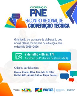 📚🤝 Caxias será sede do Encontro Regional de Cooperação Técnica do PNE!

No dia 2 de julho, gestores e equipes da educação se reúnem para fortalecer o diálogo e orientar a elaboração dos novos Planos Municipais de Educação 2026–2036. ✍️📖

Um momento de cooperação, planejamento e compromisso com a educação. 💙

#PNE #CooperaçãoTécnica #PlanoMunicipalDeEducação #PrefeituraDeCaxias