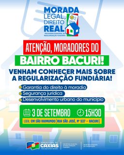 ⚠️🏠 Atenção, moradores do Bacuri… tem novidade importante chegando! 👀

No dia 3 de setembro, às 15h30, vai rolar um encontro para falar sobre regularização fundiária e esclarecer tudo sobre o direito à moradia, segurança jurídica e o desenvolvimento do bairro. 🤝

Moradia regularizada é mais segurança e tranquilidade para todos! 🏠💙

#MoradaLegalDireitoReal #RegularizaçãoFundiária #PrefeifuraDeCaxias