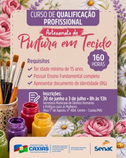 🎨💜 Uma nova oportunidade para aprender, desenvolver habilidades e abrir portas para o mercado de trabalho!
Estão abertas as inscrições para o Curso de Qualificação Profissional em Artesanato de Pintura em Tecido, uma iniciativa que promove capacitação e geração de renda. Garanta sua vaga! ✨
#PinturaEmTecido #Capacitação #PrefeituraDeCaxias