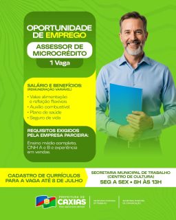 💼💚 Uma nova oportunidade para quem busca ingressar no mercado de trabalho!

Vaga para Assessor de Microcrédito, com benefícios e remuneração variável. Se você atende aos requisitos, cadastre seu currículo até o dia 8 de julho na Secretaria Municipal de Trabalho, no Centro de Cultura.

Aproveite essa chance e dê mais um passo rumo ao seu futuro profissional! 🚀

#Oportunidade #Trabalho #PrefeituraDeCaxias