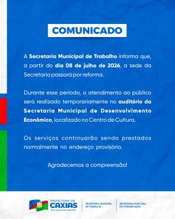 🚧 Mudança temporária!A partir de 08 de julho, o atendimento da Secretaria Municipal de Trabalho será realizado no auditório da Secretaria Municipal de Desenvolvimento Econômico, no Centro de Cultura.Os serviços continuam normalmente. 🤝💙#Comunicado #Trabalho #PrefeituraDeCaxias