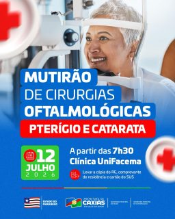 👁️💙 Cuidado com a saúde dos olhos e mais qualidade de vida!Em parceria com o Governo do Estado, o Mutirão de Cirurgias Oftalmológicas de Pterígio e Catarata chega para ampliar o acesso aos procedimentos e fortalecer o cuidado com a saúde da população caxiense.Para participar, não esqueça de levar RG, comprovante de residência e cartão do SUS. 🤝#MutirãoOftalmológico #SaúdeCaxias #PrefeituraDeCaxias