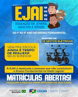✨📚 Nunca é tarde para recomeçar. Essa é a sua oportunidade de voltar a estudar e construir um novo futuro. 💙

As matrículas da EJAI estão abertas para jovens, adultos e idosos. E tem mais, os alunos matriculados ainda concorrem ao sorteio de 2 motos elétricas! 🛵🎉

Procure a escola mais próxima da sua casa e faça sua matrícula! 📖

#EJAI #EducaçãoCaxiense #PrefeituraDeCaxias
