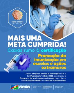💉✨ Mais uma meta cumprida! Caxias está avançando rumo à certificação do Selo UNICEF 2025-2028. 💙Com a ampliação da vacinação nas escolas e ações extramuros, a gente leva proteção para nossas crianças e adolescentes.Cuidado, prevenção e saúde chegando onde a nossa criançada está! 🙌🏽💙#SeloUNICEF #Vacinação #RumoÀCertificação #PrefeituraDeCaxias