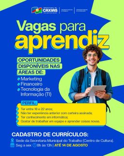 🚀📚 Quer dar o primeiro passo rumo ao mercado de trabalho? Essa oportunidade é pra você!Se você tem entre 18 e 22 anos, gosta de aprender e trabalhar em equipe, essa é a hora!Cadastre seu currículo na Secretaria Municipal do Trabalho no Centro de Cultura, de segunda a sexta, das 8h às 13h, até 14 de agosto.#VagasParaAprendiz #JovemAprendiz #Oportunidade #PrefeituraDeCaxias