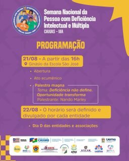 💙🧑‍🦽Uma semana para reforçar a inclusão, ouvir e transformar!

De 21 a 28 de agosto, terá a Semana Nacional da Pessoa com Deficiência Intelectual e Múltipla, com uma programação especial dedicada à inclusão, acessibilidade, aos direitos e ao protagonismo das pessoas com deficiência.

Serão momentos de informação, cultura, convivência e conscientização para toda a sociedade. Confira a programação completa e participe!

#SemanaDaPessoaComDeficiência #Inclusão #PrefeituraDeCaxias
