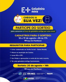 🧊🥶 Já pensou em trocar aquela geladeira antiga por uma novinha? Essa pode ser a sua chance! 

Participe do sorteio do Programa Geladeira Nova. Confira os requisitos e leve a documentação necessária.😉

O sorteio acontece no dia 20 de agosto, às 16h, na Praça do Pantheon. Bora trocar essa geladeira? 🧊💙

#ProgramaGeladeiraNova #ProteçãoSocial #PrefeituraDeCaxias