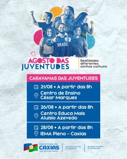 Agosto é mês de juventude em movimento! 💙

As Caravanas das Juventudes estão chegando com muita energia, informação, diversão e oportunidades para a nossa juventude. 🚀

Vem fazer parte desse movimento, porque juventude que participa também transforma Caxias! 💙

#AgostoDasJuventudes #CaravanaDasJuventudes #JuventudeCaxias #PrefeituraDeCaxias