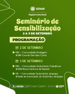 🌱🚜 Conhecimento que fortalece quem vive do campo!Seminário de Sensibilização do Negócio Certo Rural, uma iniciativa do SENAR que leva informação, orientação e novas oportunidades para as comunidades rurais.A programação acontece nas comunidades Rodagem, Quilombola Trabalhosa e Quilombo Jenipapo, com momentos de aprendizado e troca de experiências para fortalecer o desenvolvimento rural. 🤝🌾Confira a programação e venha fazer parte desse momento! 💚#NegócioCertoRural #SENAR #DesenvolvimentoRural #PrefeituraDeCaxias