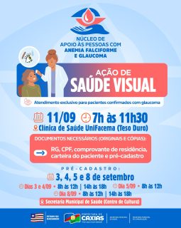 👁️💙 Cuidar da saúde dos olhos também é cuidar da qualidade de vida!Ação de Saúde Visual, dia 11 de setembro em parceria com o Governo do Maranhão, com atendimento exclusivo para pacientes confirmados com glaucoma.Para participar, é necessário realizar o pré-cadastro nos dias 3, 4, 5 e 8 de setembro, na Secretaria Municipal de Saúde (Centro de Cultura).Saúde e cuidado visual mais perto de quem precisa! 💙#SaúdeVisual #Glaucoma #SaúdeCaxias #PrefeituraDeCaxias