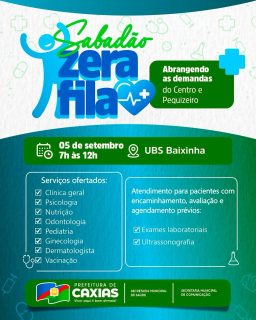 🩺 💚 Sabadão Zera Fila está chegando!No dia 05 de setembro, a UBS Baixinha estará de portas abertas, levando diversos serviços de saúde para a população do Centro e Pequizeiro.Mais um Sabadão Zera Fila para você cuidar da saúde! 🩺#SabadãoZeraFila #SaúdeCaxias #PrefeituraDeCaxias