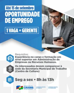 💼 Tá procurando uma oportunidade de emprego? Então fica de olho! 👀

Os interessados devem levar o seu currículo à sede da Secretaria Municipal de Trabalho, no Centro de Cultura, de segunda a sexta, das 8h às 13h.

Essa é a oportunidade para o próximo passo da sua carreira. 🤝

#OportunidadeDeEmprego #Trabalho #PrefeituraDeCaxias