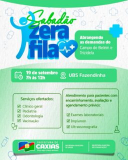 💚🩺 O Sabadão Zera Fila está chegando à UBS Fazendinha!

Neste sábado (19), serão ofertados serviços de clínica geral, pediatria, odontologia e vacinação, além de exames laboratoriais, Implanon e ultrassonografia para pacientes com encaminhamento, avaliação e agendamento prévios.

Aguardamos você! 🤝💚

#SabadãoZeraFila #SaúdeCaxias #PrefeituraDeCaxias