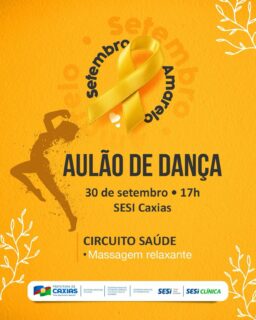 🤝💛 Setembro Amarelo é cuidado, acolhimento e valorização da vida!No dia 30 de setembro, tem Aulão de Dança no SESI Caxias, a partir das 17h, com muita energia, movimento e bem-estar. 💃🕺O Circuito Saúde também estará presente com massagem relaxante. 🧘‍♀️💆‍♀️Venha participar desse momento de cuidado com a saúde física e emocional! 💛#SetembroAmarelo #AulãoDeDança #CircuitoSaúde #PrefeituraDeCaxias