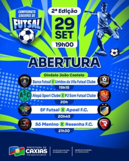 ⚽🏆Vem aí a abertura da 2ª edição do Campeonato Caxiense de Futsal!Nesta terça-feira, 29 de setembro, a partir das 19h, o Ginásio João Castelo recebe grandes confrontos.Chama a torcida e vem acompanhar o futsal caxiense! 🙌#CampeonatoCaxienseDeFutsal #EsporteCaxias #PrefeituraDeCaxias