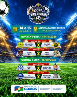 ⚽🔥 A bola vai rolar na 2ª edição da Copa das Areninhas!
Nesta quarta e quinta-feira, a Arena Cardoso Coimbra, na Volta Redonda, receberá partidas incríveis, com muito talento, emoção e disputa dentro de campo!
Confira os jogos, chama a torcida e vem acompanhar essa competição com a gente! 🙌⚽
#CopaDasAreninhas #EsporteCaxias #PrefeituraDeCaxias