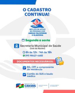 🩸💙 O Núcleo de Apoio às Pessoas com Anemia Falciforme e Glaucoma segue realizando cadastros de segunda a sexta-feira, para fortalecer o acolhimento e o acompanhamento de quem precisa desse atendimento. 

📲 Dúvidas? Entre em contato pelo WhatsApp: (99) 98427-4683. 🤝

#AnemiaFalciforme #Glaucoma #SaúdeCaxias #PrefeituraDeCaxias