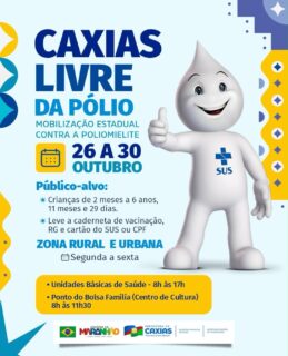💉💙 A mobilização estadual contra a poliomielite está chegando às zonas urbana e rural de Caxias.Procure a UBS mais próxima, de segunda a sexta, das 8h às 17h, ou o ponto do Bolsa Família, no Centro de Cultura, das 8h às 11h30.Não esqueça de levar a caderneta de vacinação, RG e cartão do SUS ou CPF da criança. Vacinar é proteger! 💉#Vacinação #Poliomielite #SaúdeCaxias #PrefeituraDeCaxias
