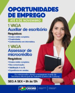 📢 💼 Oportunidades de emprego na área!Se você busca ingressar no mercado de trabalho, essa pode ser a sua chance! ✨As Inscrições vão até 6 de novembro. Os interessados devem comparecer à sede da Secretaria Municipal do Trabalho, no Centro de Cultura, de segunda a sexta-feira, das 8h às 13h.#OportunidadeDeEmprego #MercadoDeTrabalho #PrefeituraDeCaxias