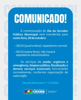 📢 Atenção, servidores municipais!A comemoração do Dia do Servidor Público Municipal foi transferida para sexta-feira, 30 de outubro.Na quarta-feira (28/10), o expediente será normal. Já na sexta-feira (30/10), não haverá expediente administrativo. 🤝#DiaDoServidorPúblicoMunicipal #ServidorPúblico #PrefeituraDeCaxias