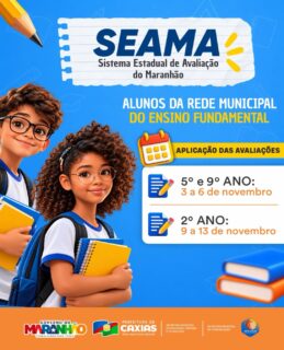 📚 💙 Atenção, alunos! Fiquem atentos à aplicação das avaliações do Sistema Estadual de Avaliação do Maranhão.
A participação de todos é muito importante para avaliar a aprendizagem dos estudantes e contribuir para a melhoria da qualidade da educação em nosso município.
Preparem-se, compareçam à escola e participem.
#SEAMA2026 #EducaçãoCaxias #PrefeituraDeCaxias
